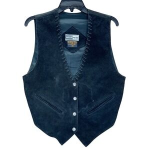 Mona Mode Black Suede Leather Vest Western Whipstitch Star Button Vintage M